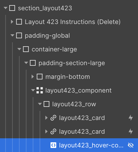 Developer interface showing a nested folder and component structure with layout423 elements and cards.